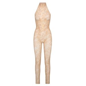 Skims Knit Lace Catsuit In Clay